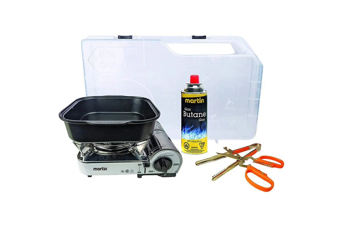 Kit Réchaud De Camping Au Butane Portable - 4 Bidons Inclus, Allumage Automatique, Régulation Chaleur - Parfait Randonnée Et Plein Air